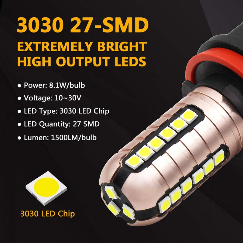 PHINLION H11 LED Fog Light Bulbs, Super Bright 3030 27-SMD H8 H16 LED Bulb Replacement for DRL or Fog Lights, 6000K Xenon White, Pack of 2 - Image 2